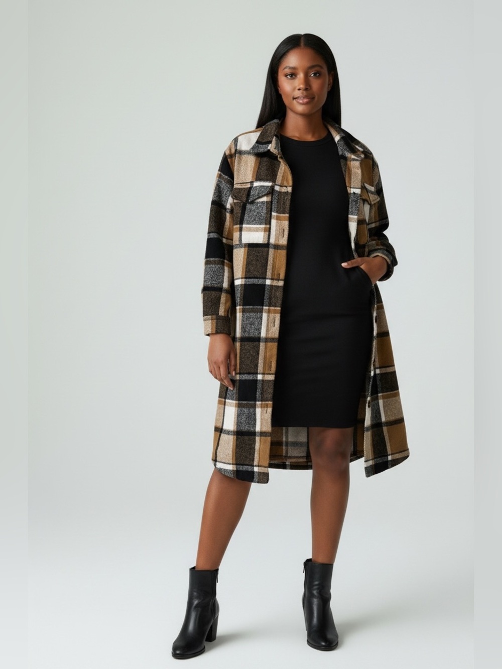 SHEIN Black Tan White Plaid Long Shacket